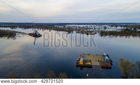 Ancient, Manual Crossing Over The River. The Car Is Transported Across The River In A River Ferry. T