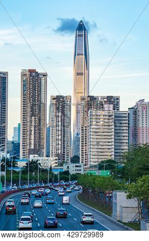 SHENZHEN, CHINA - MAY 27, 2021: ShenZhen downtown, Futian district. Shenzhen is a major city in Guangdong Province, China.