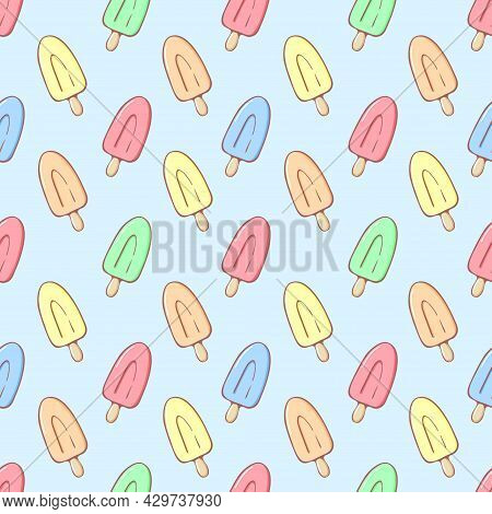 Pastel Rainbow Ice Cream Seamless Pattern Vector Illustration. Kids Background Of Sunblind And Popsi