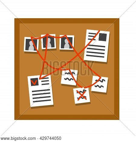 Board With Papers, Photos And Documents And Red Thread Or Rope. Decoration For Investigation And Det