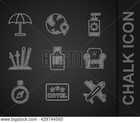Set Whiskey Bottle, Signboard With Text Hotel, Plane, Armchair, Compass, Ski And Sticks, Sunscreen S