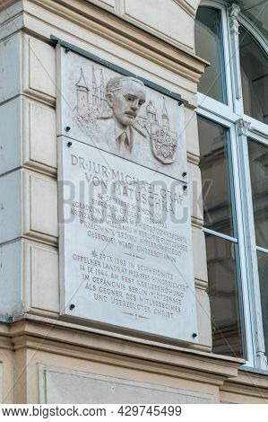Opole, Poland - June 4, 2021: Memorial Plaque Of Michael Von Matuschka, German Count, Lawyer, Politi