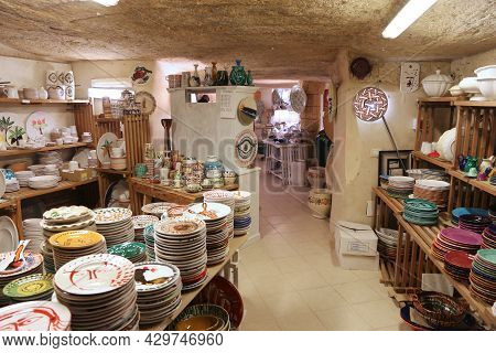 Grottaglie, Italy - June 3, 2017: A Traditional Ceramics Handicraft Shop In Grottaglie, Italy. Grott