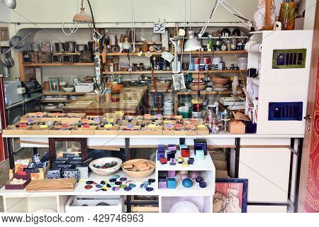 Grottaglie, Italy - June 3, 2017: Traditional Ceramics Handicraft Workshop In Grottaglie, Italy. Gro