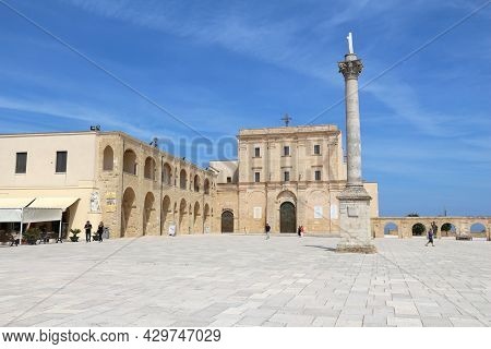 Salento, Italy - July 2, 2017: People Visit Sanctuary Of Santa Maria De Finibus Terrae In Santa Mari