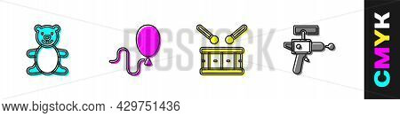 Set Teddy Bear Plush Toy, Balloons, Drum With Drum Sticks And Ray Gun Icon. Vector