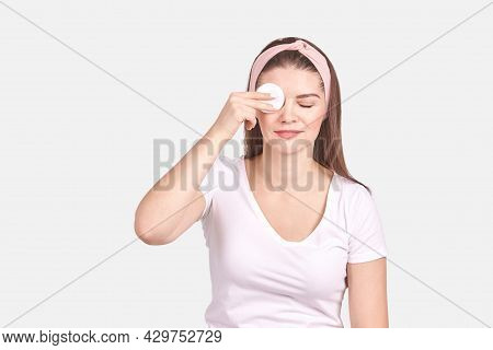 Pretty Young Woman Gesture. Studio Portrait. Female Person. Isolated Background. Morning Bathroom Ro