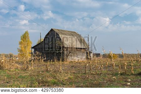 Autumnal Landscape With Old Abandoned Wooden House In Rural Village In Sumskaya Oblast, Ukrane