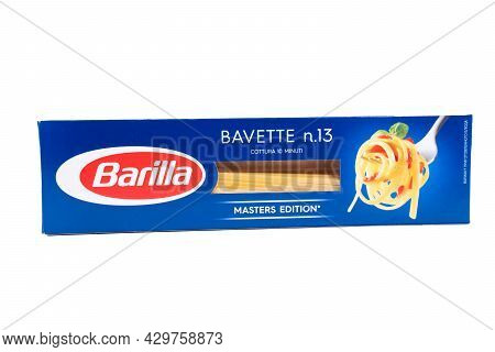Tyumen, Russia-may 25, 2021: Barilla Spaghetti Italian Pasta Isolated On White Background. Barilla I