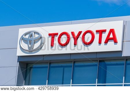 Tyumen, Russia-june 4, 2021: Toyota Company Logo. Branch Of Global Japanese Corporation.