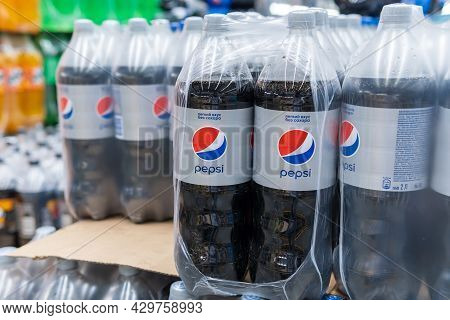 Tyumen, Russia-april 21, 2021: Plastic Bottles Of Pepsi Without Sugar. Packages With Carbonated Wate