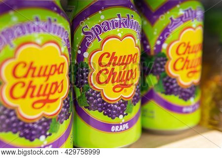 Tyumen, Russia-april 21, 2021: Can Of Fizzy Soft Drink By Chupa Chups. With Grape Flavor