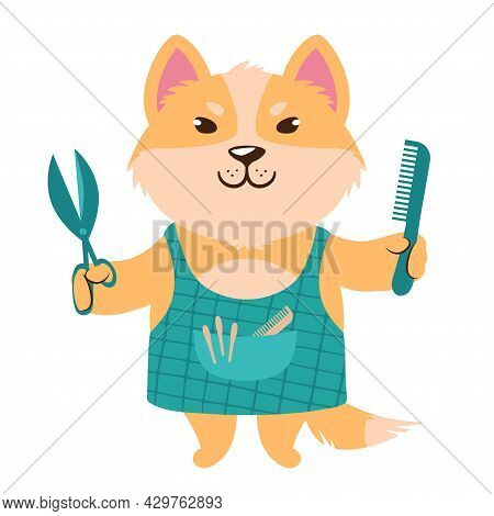 Vector Illustration Of A Cute Cartoon Dog In An Apron With Scisors And Comb