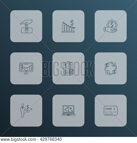 Economy Icons Line Style Set With Stock Market, Money Decrease, Financial Service And Other Business