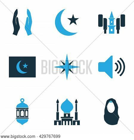 Holiday Icons Colored Set With Qiblah, Headscarf, Mosque And Other Bullhorn Elements. Isolated Illus