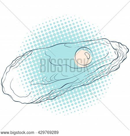 Oyster Shell With Pearl In Line Art Style On Spotted Background. Vector Color Hand Drawn Illustratio