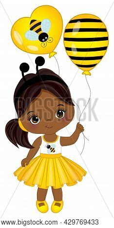 Vector Cute Little African American Girl Wearing Yellow Striped Dress And Bee Antenna Headband. Blac