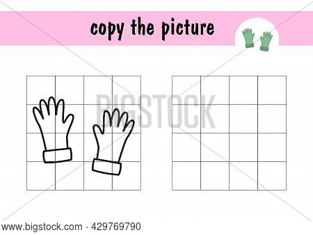 Children S Mini-game On Paper - Draw Warm Gloves. Copy The Picture Using Grid Lines, Simple Toddler 