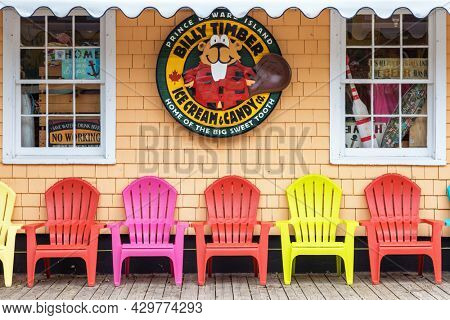 Charlottetown, Canada - 2 September 2017: Gift store with adirondack chairs and a cute advertisement for Billy Timber Ice Cream and Candy Co, Prince Edward Island, Canada
