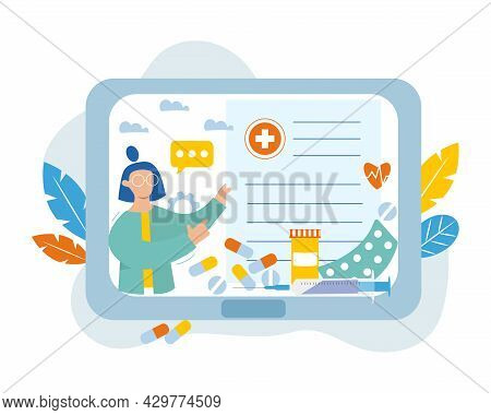 Woman Doctor With Prescription Online. Online Prescription Vector Concept Illustration. Doctor Recom