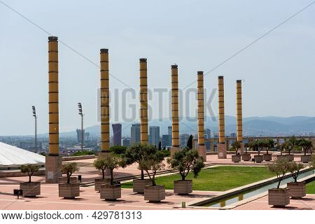 Barcelona, Spain; August 12 2021: Montjuic Olympic Stadium, Built In 1927. Clock Above Empty Tribune