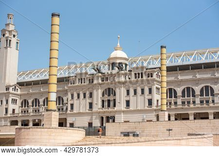 Barcelona, Spain; August 12 2021: Montjuic Olympic Stadium, Built In 1927. Clock Above Empty Tribune