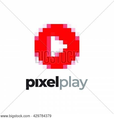 Illustration Play Button Pixel Art Vector Logo On White Background