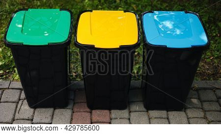 Outdoors In The Park Is Recycling Bins Different Colours. Tree Closed Plastic Bins. Green, Yeallow A