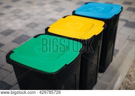 Outdoors In The Park Is Recycling Bins Different Colours. Tree Closed Plastic Bins. Green, Yeallow A