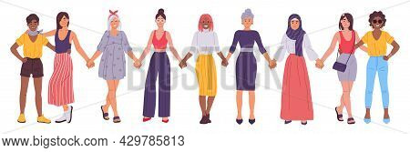 Women Holding Hands, Girlfriends Standing Together, Sisterhood Concept. Diverse Group Of Female Frie