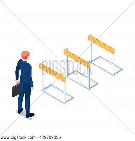 Flat 3d Isometric Businessman Holding Briefcase Standing In Front Of Hurdle Race Obstacle. Business 