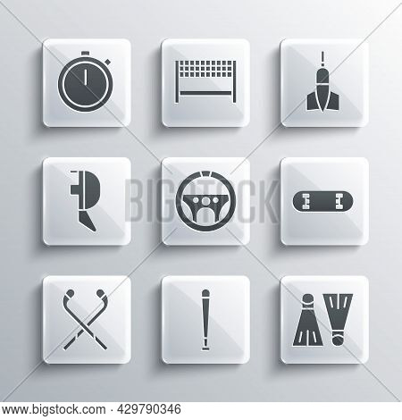 Set Baseball Bat, Rubber Flippers For Swimming, Skateboard Trick, Steering Wheel, Ice Hockey Sticks,