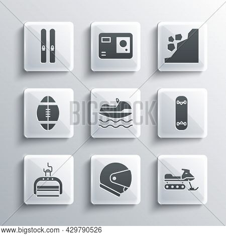 Set Helmet, Snowmobile, Skateboard Trick, Jet Ski, Ski Lift, Rugby Ball, And Sticks And Landslide Ic