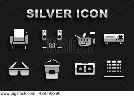 Set Popcorn In Box, Movie, Film, Media Projector, Cinema Auditorium With Seats, Vhs Video Cassette T