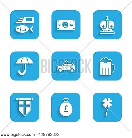 Set Taxi Car, Money Bag With Pound, Four Leaf Clover, Wooden Beer Mug, England Flag Pennant, Umbrell