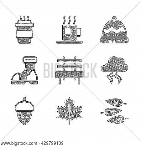Set Bench, Leaf Or Leaves, Storm, Acorn, Waterproof Rubber Boot, Winter Hat And Coffee Cup Go Icon. 