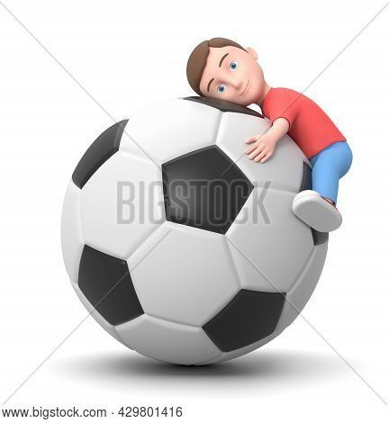 Smiling Little Young Kid Hugging A Big Socce Ball. 3d Cartoon Character Isolated On White Background