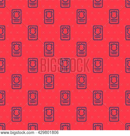 Blue Line Police Badge With Id Case Icon Isolated Seamless Pattern On Red Background. Vector