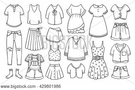 Hand-drawn Set Of Female Clothes For Spring And Summer. Doodle Women Garment Items Isolated On The W