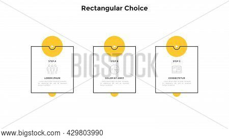 Three Linear Rectangular Elements With Play Buttons Placed In Horizontal Row. Concept Of 3 Business 
