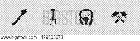 Set Fire Hose Reel, Shovel, Gas Mask And Firefighter Axe Icon. Vector