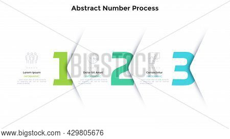 Three Numbers Or Figures Overlaid By Paper White Corners Or Arrows. Concept Of 3 Successive Steps Of