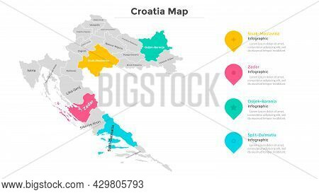 Croatia Map Divided Into Federal States. Territory Of Country With Regional Borders. Croatian Admini