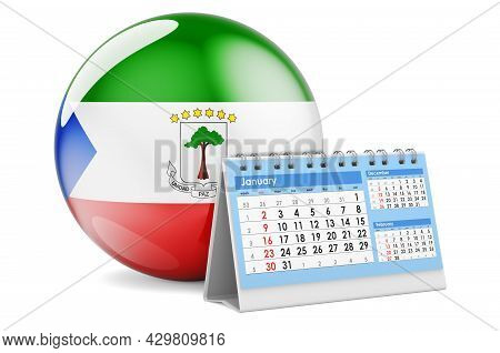 Desk Calendar With Equatoguinean Guinea Flag. 3d Rendering Isolated On White Background