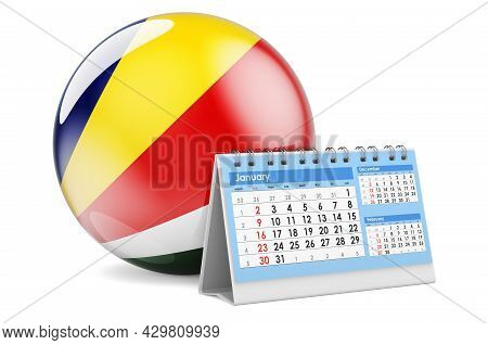 Desk Calendar With Seychelloise Flag. 3d Rendering Isolated On White Background