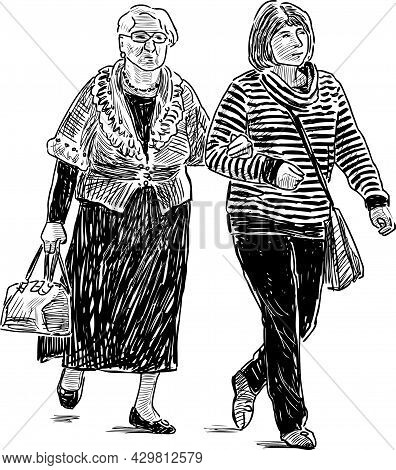 Sketch Of Casual Townswoman And Her Senior Mother Walking Outdoors Together