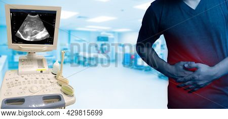 Ultrasound Machine Isolated On White. Abdomen Imaging Ultrasound System. Ultrasonography Machine. Di