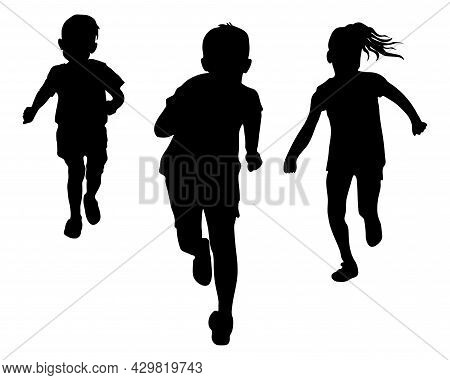 Black Silhouette Of Running Children. Vector Illustration