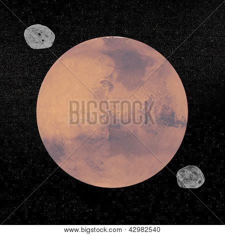 Planeta Mars i Deimos i Phobos satelity - 3D Render