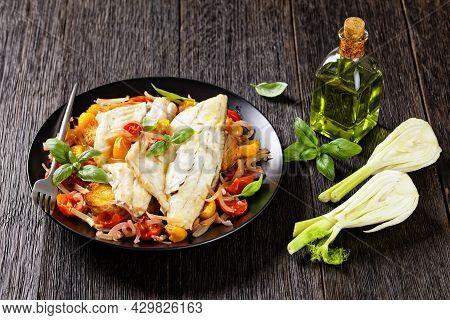 Acqua Pazza, Italian Poached Fish In A Tomato And White Wine Based Sauce With Fennel, Herbs And Cris